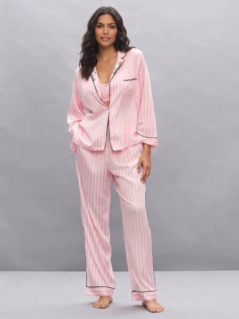 Victoria's Secret Small Satin Long Pajama Set in Embroidered Collar Pink Striped